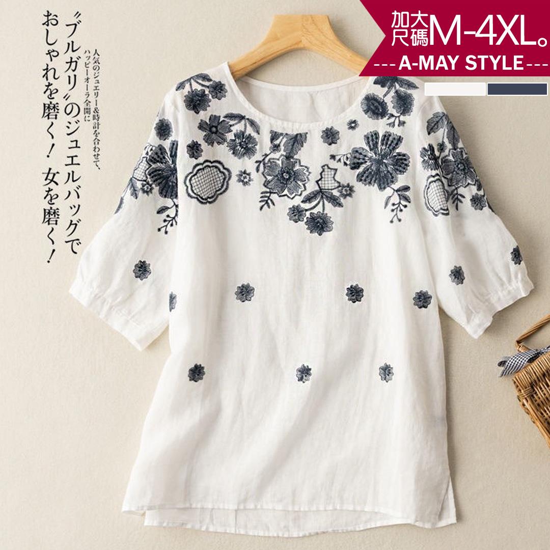 加大碼-質感繡花圓領棉麻上衣(M-4XL)【XCMM4050】＊艾美時尚(現 預)