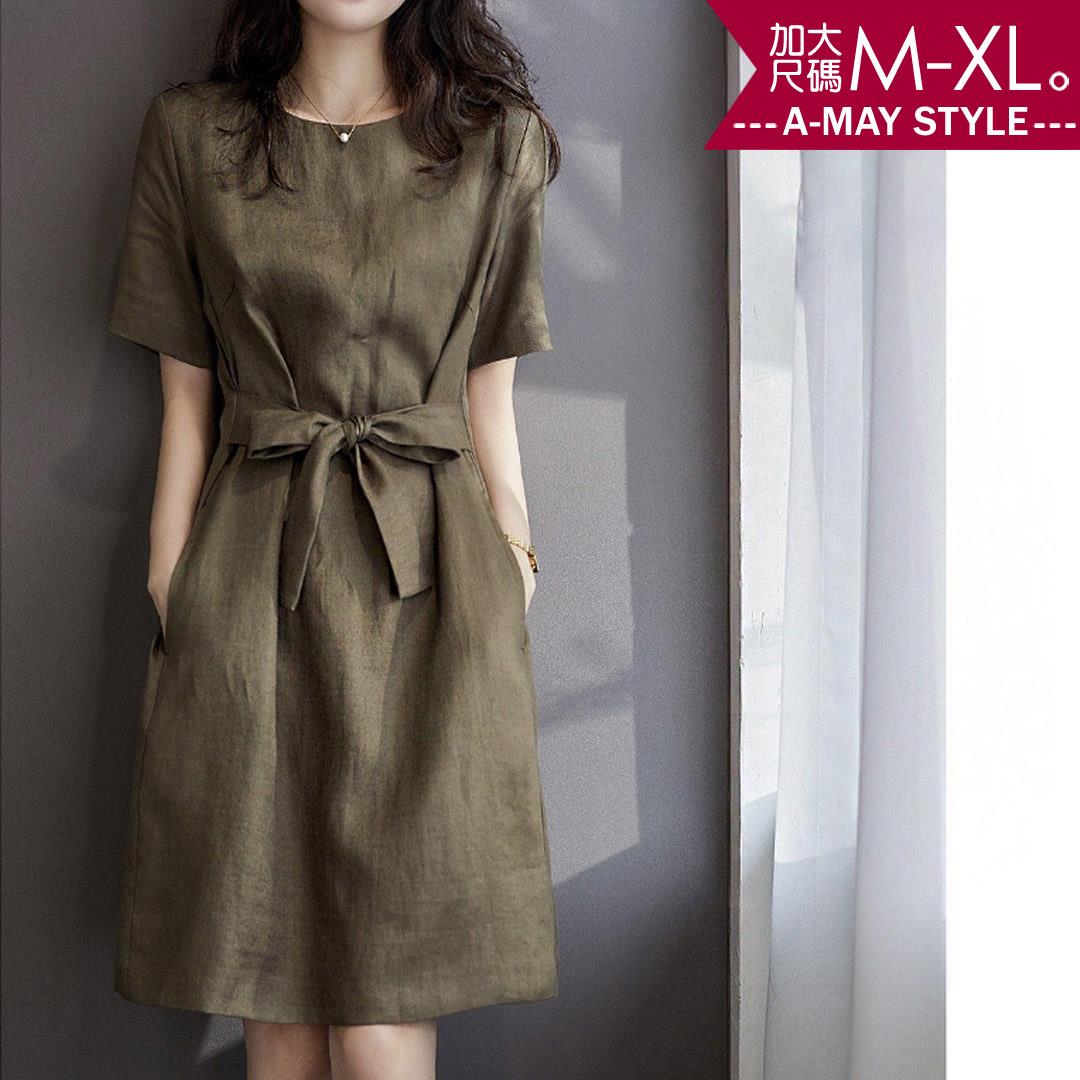 加大碼洋裝-質感純色棉麻感綁帶連身裙(M-3XL)【XC861064】＊艾美時尚(現 預)