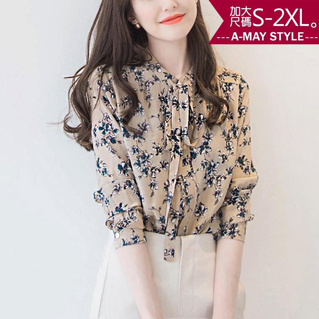 加大碼上衣-韓系碎花蝶結領長袖雪紡衫(S-2XL)【XMSB0129】＊艾美時尚(現 預)