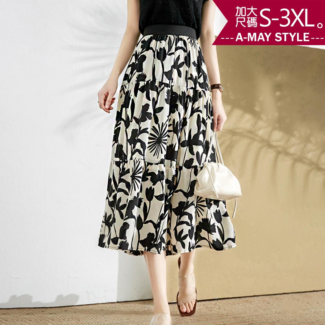 加大碼-不易皺俏麗花卉印花雪紡蛋糕裙(S-3XL)【XAM96640】＊艾美時尚(現 預)