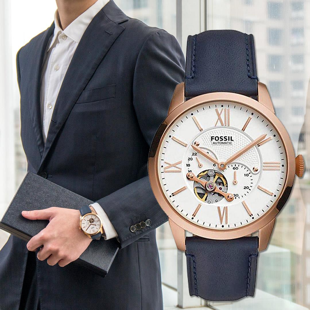 【活動價! 限時78折!】FOSSIL Townsman 英倫商務鏤空機械皮革腕錶/藍x金框 男錶 ME3171 公司貨保固 熱賣中!
