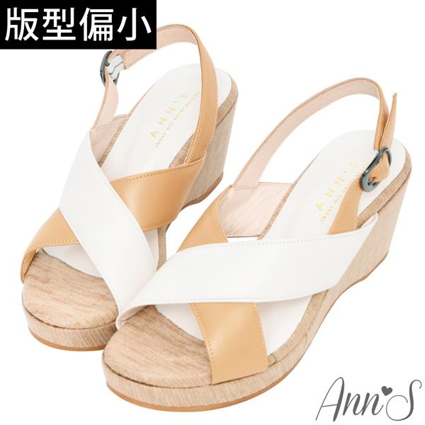 Ann’S顯瘦時刻-撞色交叉小羊皮輕盈楔型厚底涼鞋7cm-棕(版型偏小)