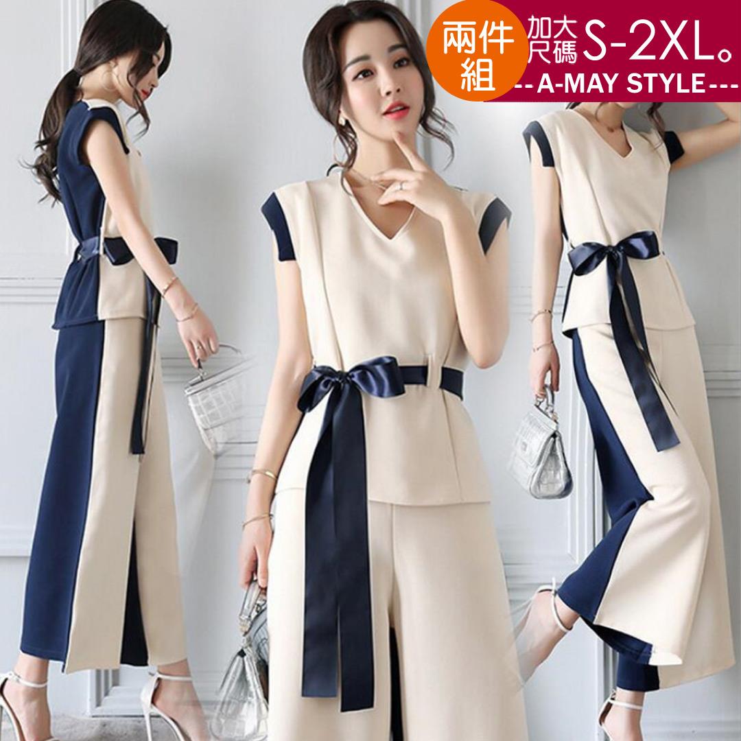 加大碼兩件式-名媛系撞色朵結寬褲套裝(S-2XL)【XFU903555】＊艾美時尚(現 預)