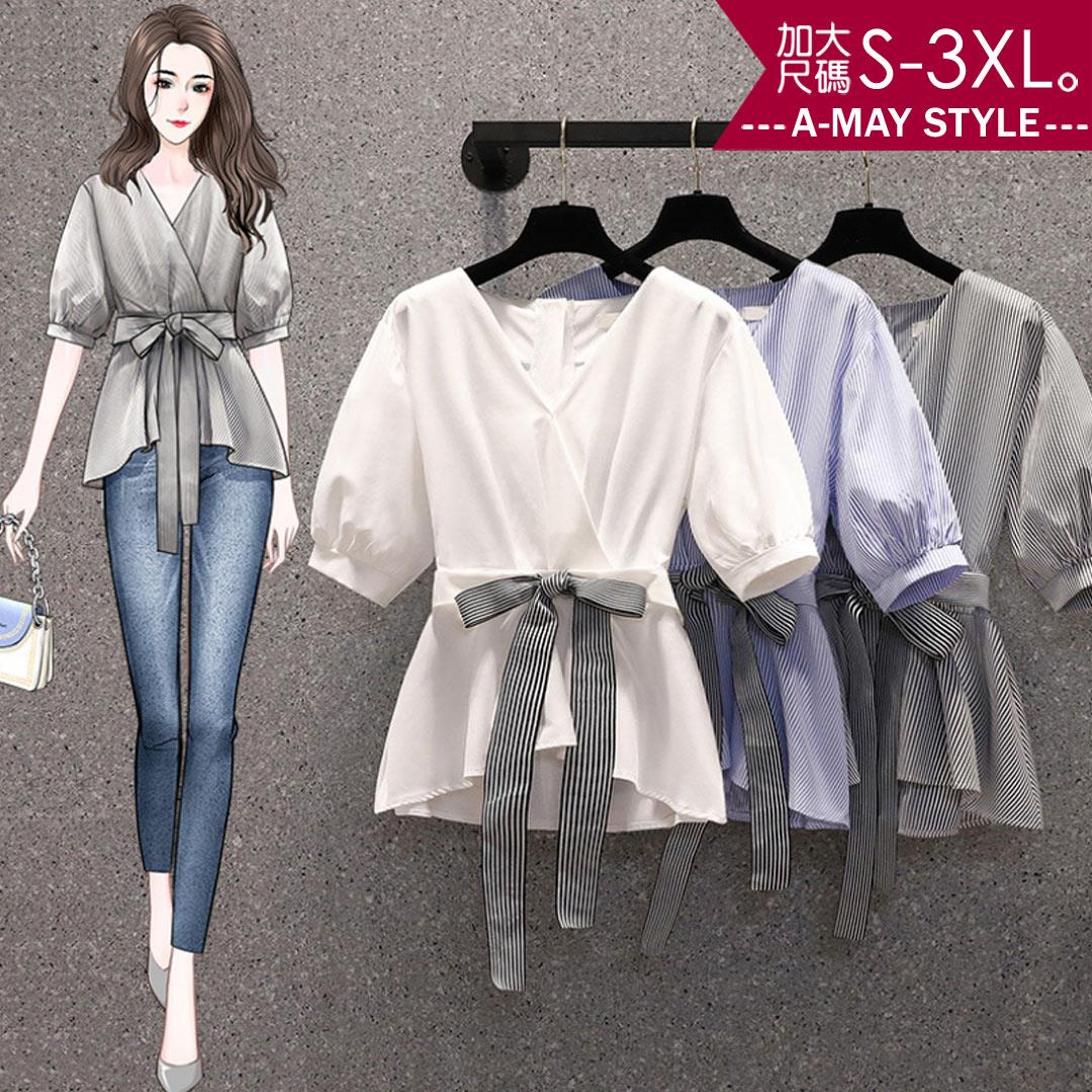 加大碼-修身V領蝴蝶結繫帶上衣(S-3XL)【XFU202135】＊艾美時尚(現 預)