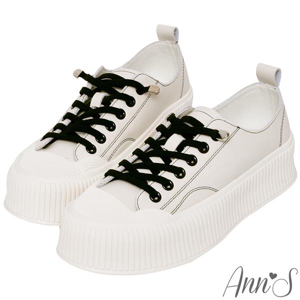 🍀兩雙現折$699🍀Ann’S免綁鞋帶!全真皮牛皮綁帶厚底餅乾鞋-白黑