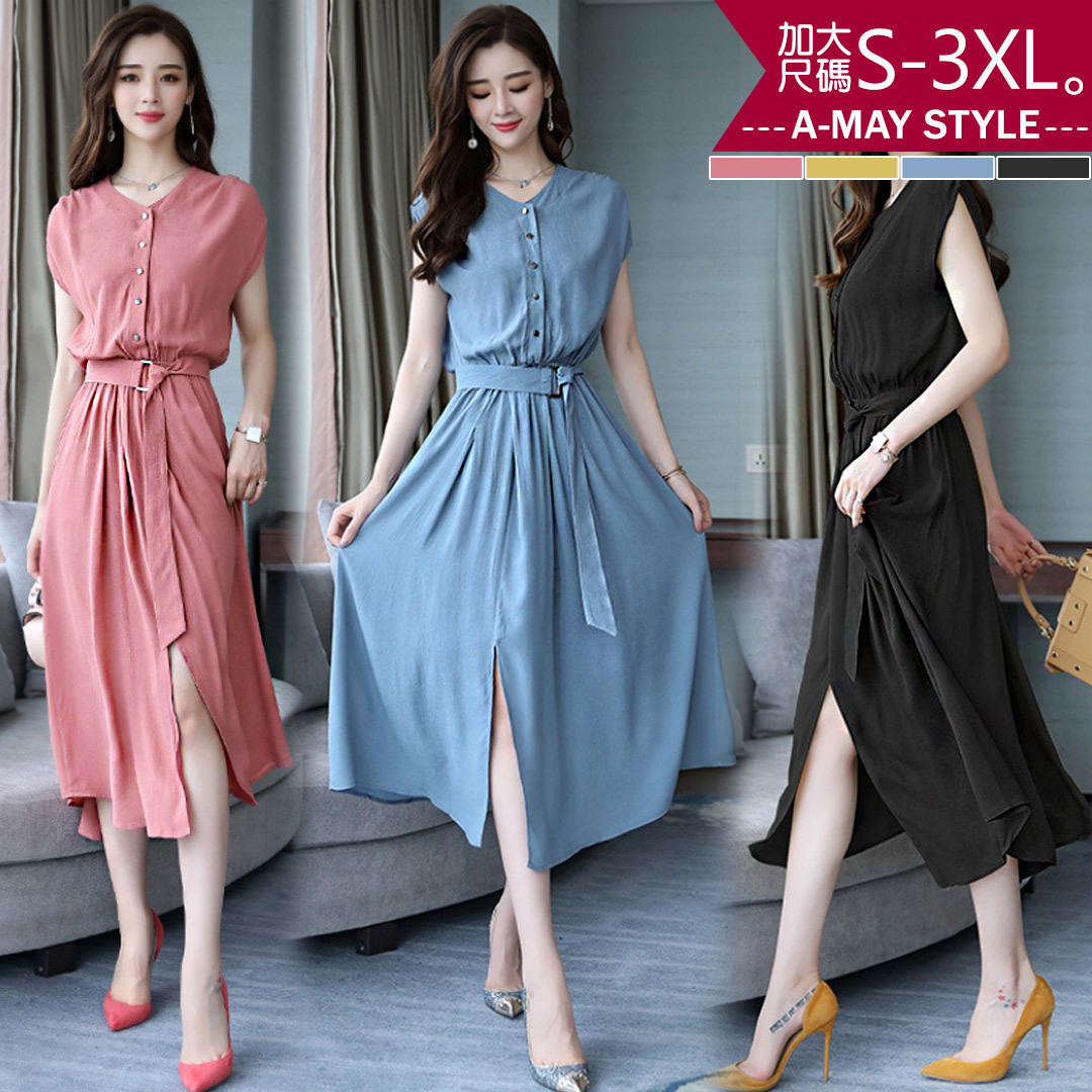 現貨-加大碼連身裙-夏日迎風V領雪紡開衩洋裝(S-3XL)【XFU202156A】＊艾美時尚