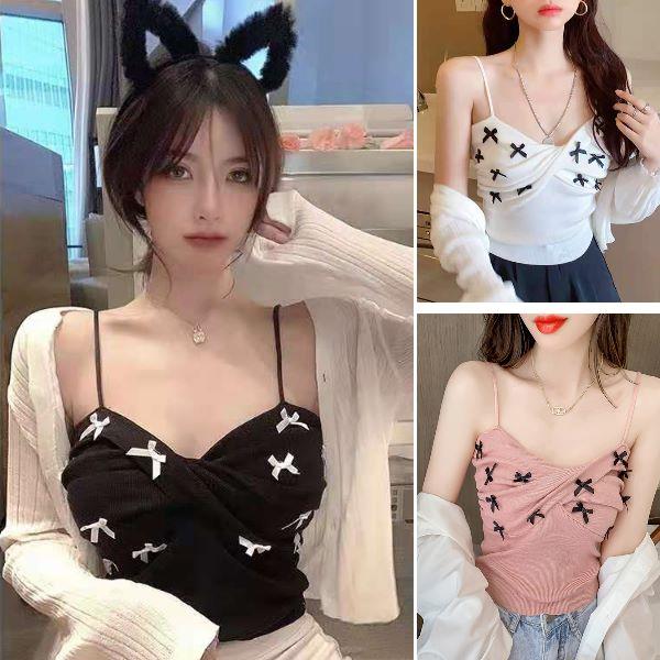 韓版甜美洋氣蝴蝶結吊帶背心 派對穿搭設計感無袖短版內搭針織上衣(4色)-凱西娃娃