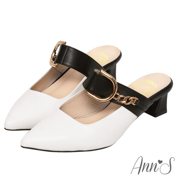 Ann’S小羊皮雙配色彎月金扣穆勒粗跟尖頭鞋4.5cm -白黑(版型偏小)