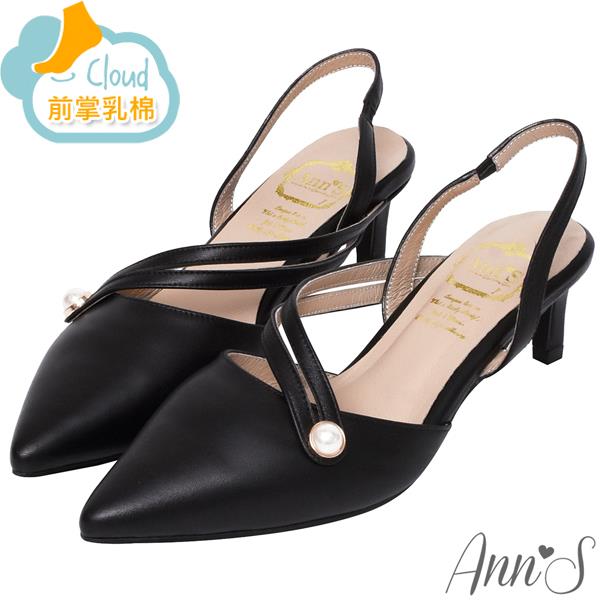 Ann’S法式珍珠-顯瘦曲線綿羊皮拉帶尖頭跟鞋5cm-黑(版型偏大)