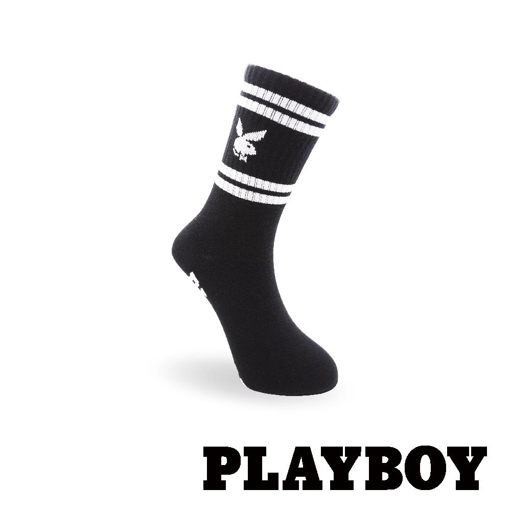 【襪款任選4雙$395 、9雙$750】 PLAYBOY 條紋時尚女高筒休閒襪-黑(BD5921)