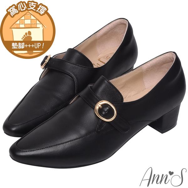 Ann’S手工製作頂級綿羊皮氣質金扣低跟踝靴4cm-黑