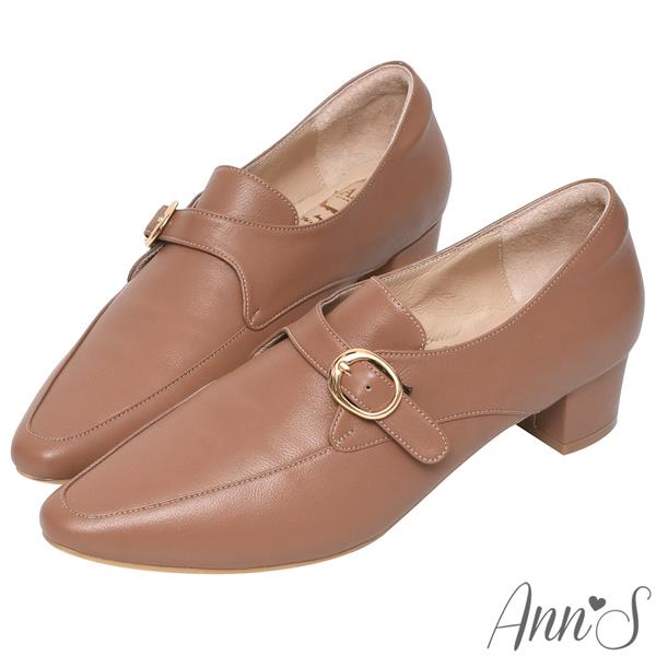 Ann’S手工製作頂級綿羊皮氣質金扣低跟踝靴4cm-棕