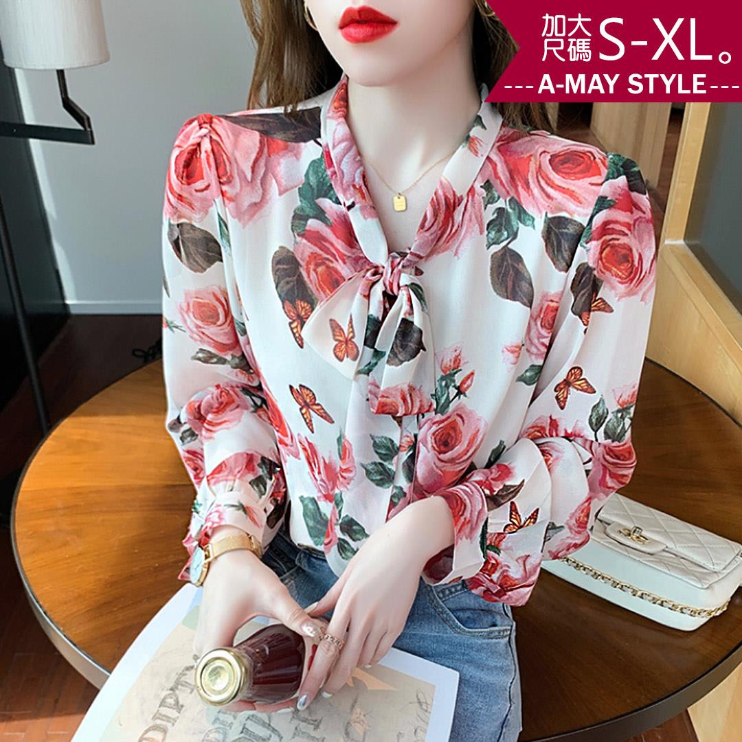 加大碼上衣-復古印花優雅領結雪紡襯衫(S-XL)【XMS12037】＊艾美時尚(現 預)