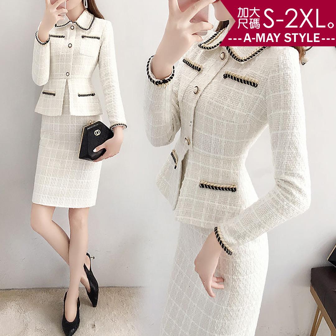 加大碼連身裙-小香風拼色滾邊假兩件毛呢洋裝(S-2XL)【XFU2021C78】＊艾美時尚(現 預)