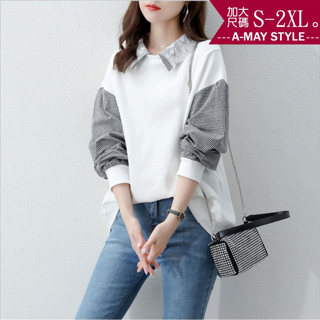 加大碼假兩件T恤-素面立領拼接格紋長袖上衣(S-2XL)【XFU2021AT56】＊艾美時尚(現 預)