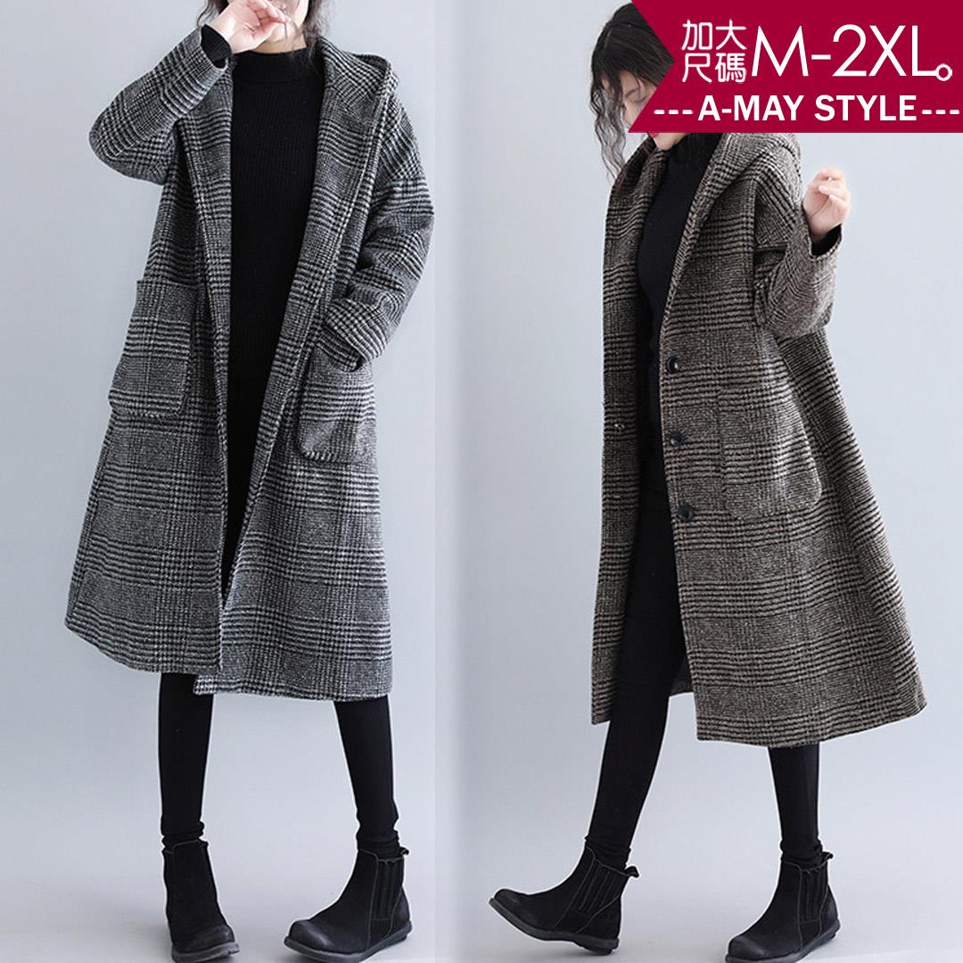 加大碼外套-韓系千鳥格紋連帽仿毛呢大衣(M-2XL)【XMS88384】＊艾美時尚(現 預)
