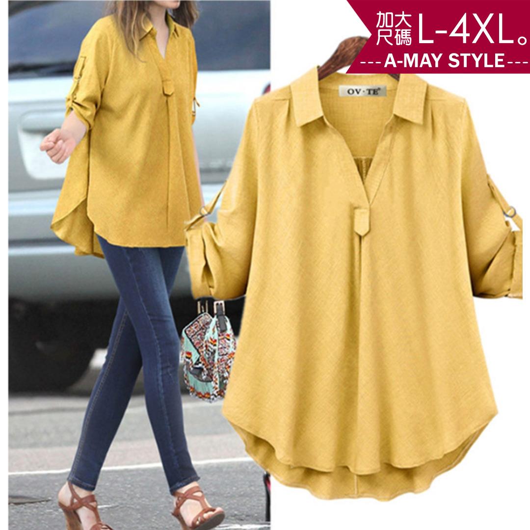 加大碼上衣-休閒外出摺袖立領襯衫(L-4XL)【XCS201638】＊艾美時尚(現 預)