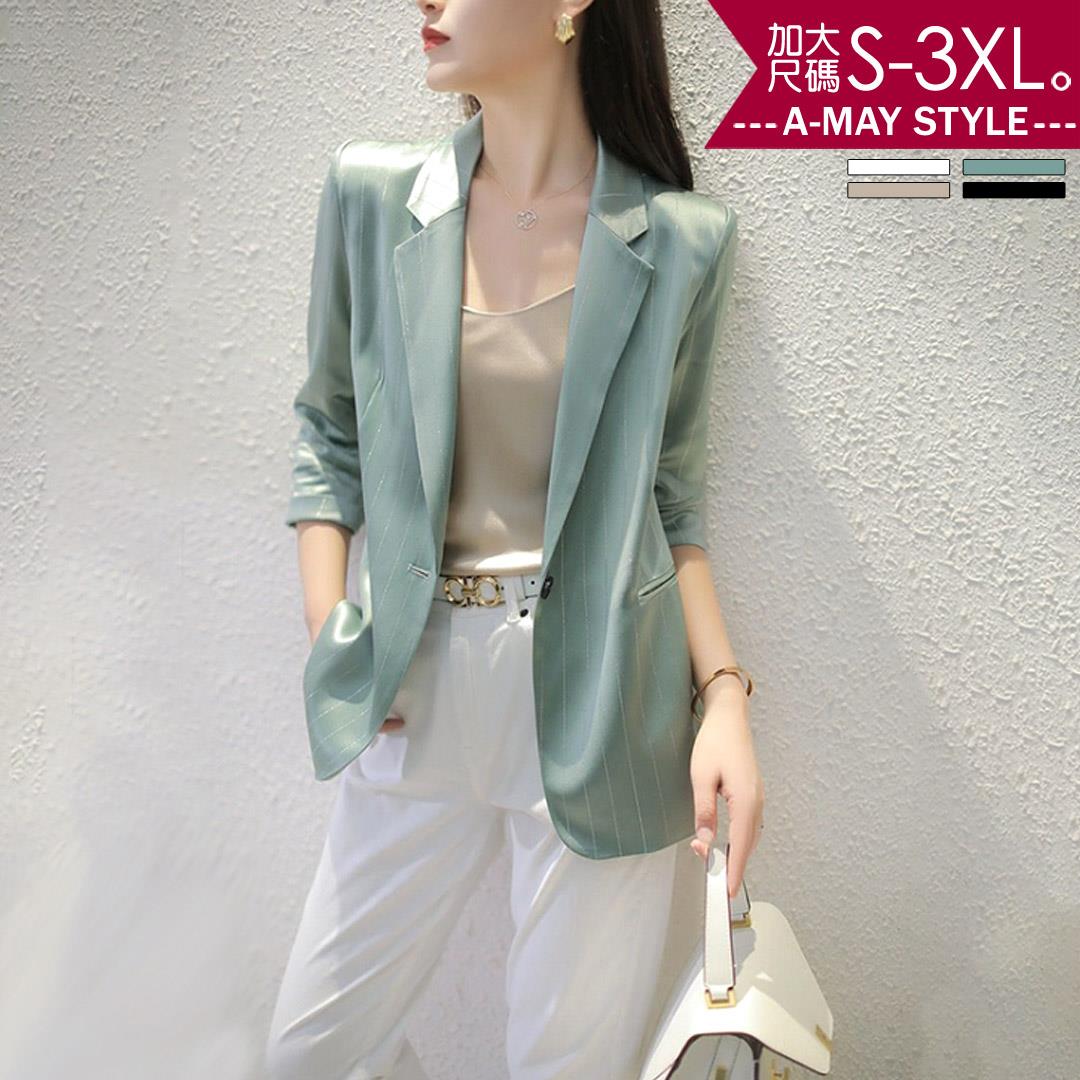 加大碼外套-條紋亮絲單扣七分袖西裝外套(S-3XL)【XAM966359】＊艾美時尚(現 預)