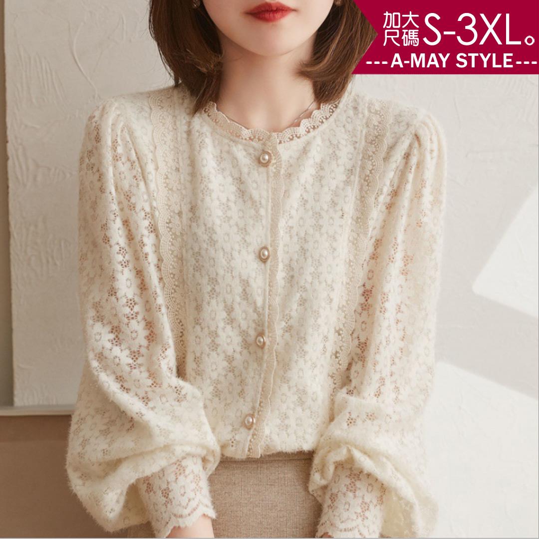 加大碼上衣-法式溫柔泡泡袖花邊蕾絲上衣(S-3XL)【XAM996348】＊艾美時尚(現+預)