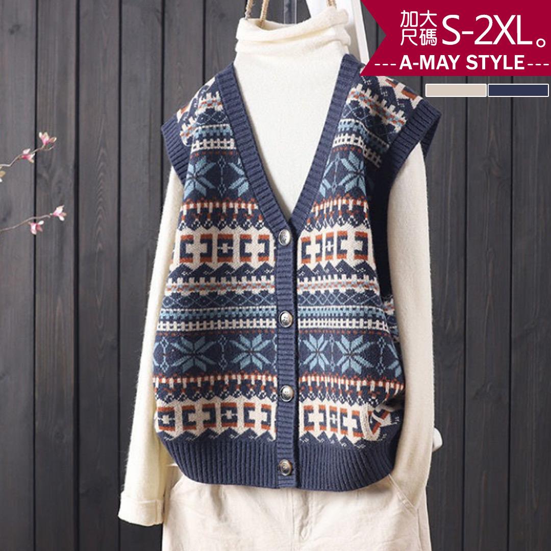 加大碼上衣-民族風復古印花排釦背心(S-2XL)【XC359048】＊艾美時尚(現+預)