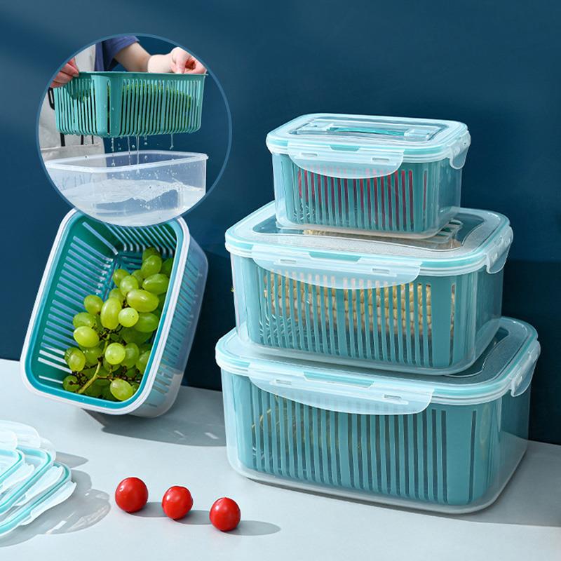 雙層瀝水塑膠保鮮盒 多規格 食品級材質 冰箱收納盒 儲存盒 水果盒 食材保存盒 廚房置物盒【ZL0401】《約翰家庭百貨