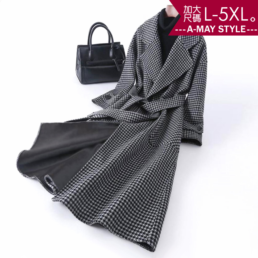 加大碼外套-毛呢千鳥格紋顯瘦長版大衣(L-5XL)【XC1390164】＊艾美時尚(現 預)