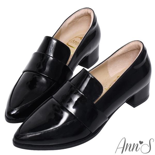 Ann’S時髦復古2.0-頂級綿羊皮韓系粗跟樂福休閒便鞋3.5cm-漆皮黑