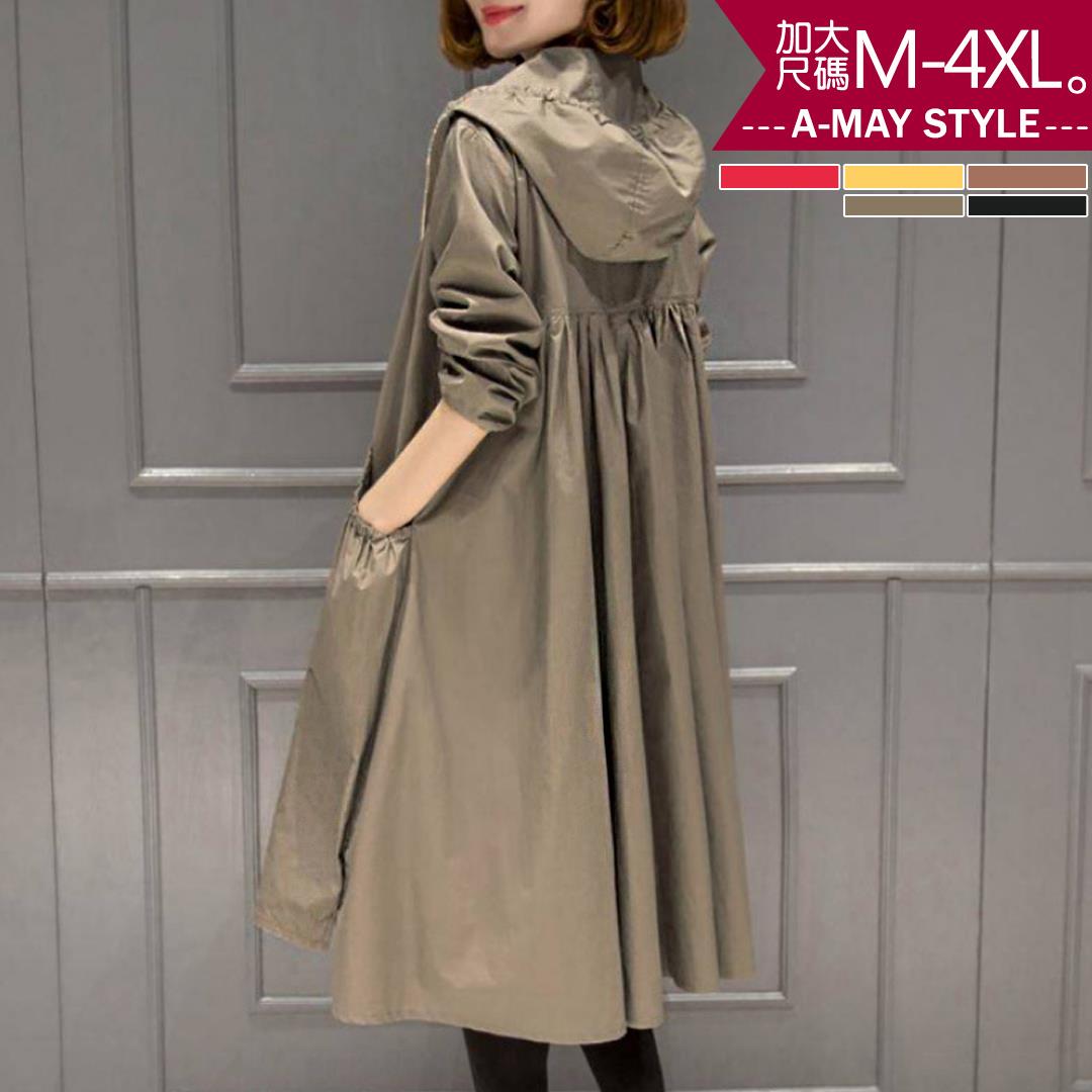 加大碼外套-韓風薄款連帽顯瘦過膝風衣(M-4XL)【XT580747】＊艾美時尚(現 預)