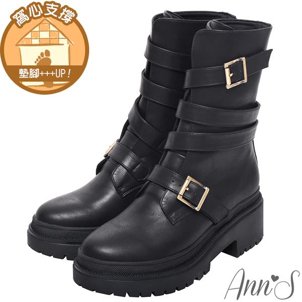 🎁買就送鞋撐🎁Ann’S打造漫畫腿-古銅繞帶個性輕量厚底軍靴5cm-黑
