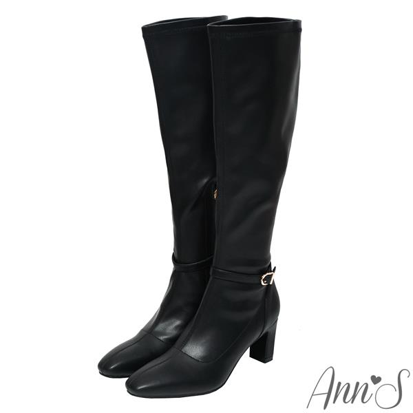 Ann’S精緻美感窄版-彈力羊紋可拆繫帶兩穿扁跟及膝長靴6.5cm-黑