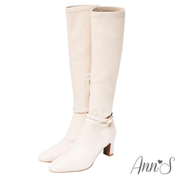 Ann’S精緻美感窄版-彈力羊紋可拆繫帶兩穿扁跟及膝長靴6.5cm-米白