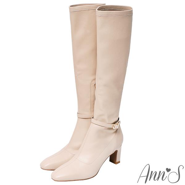 Ann’S精緻美感窄版-彈力羊紋可拆繫帶兩穿扁跟及膝長靴6.5cm-杏灰
