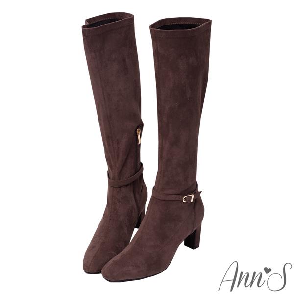 Ann’S精緻美感窄版-絨布可拆繫帶兩穿扁跟及膝長靴6.5cm-咖