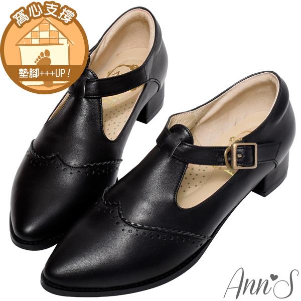 Ann’S復古80年代-頂級全真皮T字扣帶雕花牛津鞋3cm-黑