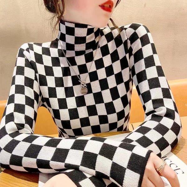 (超低價)韓版時尚棋盤格針織衫格紋高領修身顯瘦長袖上衣 洋氣時尚加厚內搭針織衫-凱西娃娃
