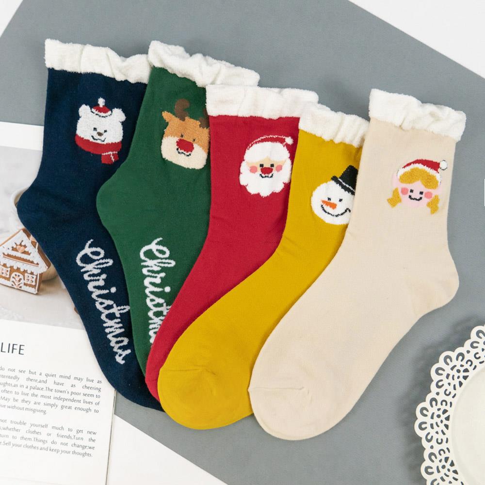 韓國聖誕毛毛襪口小頭英文中筒襪-多色任選