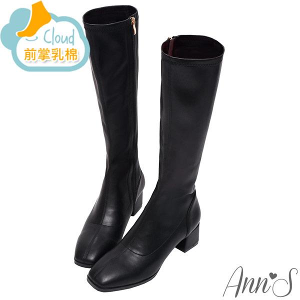 Ann’S有彈性的全素面粗跟及膝長靴5cm-黑