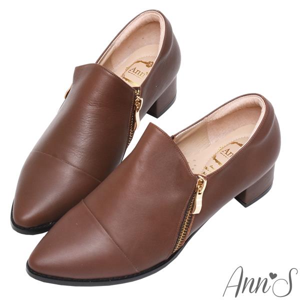 Ann’S復古風格2.0-雙拉鍊綿羊皮全真皮牛津便鞋3.5cm-咖