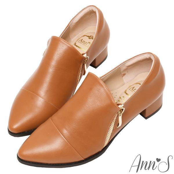 Ann’S復古風格2.0-雙拉鍊綿羊皮全真皮牛津便鞋3.5cm-棕