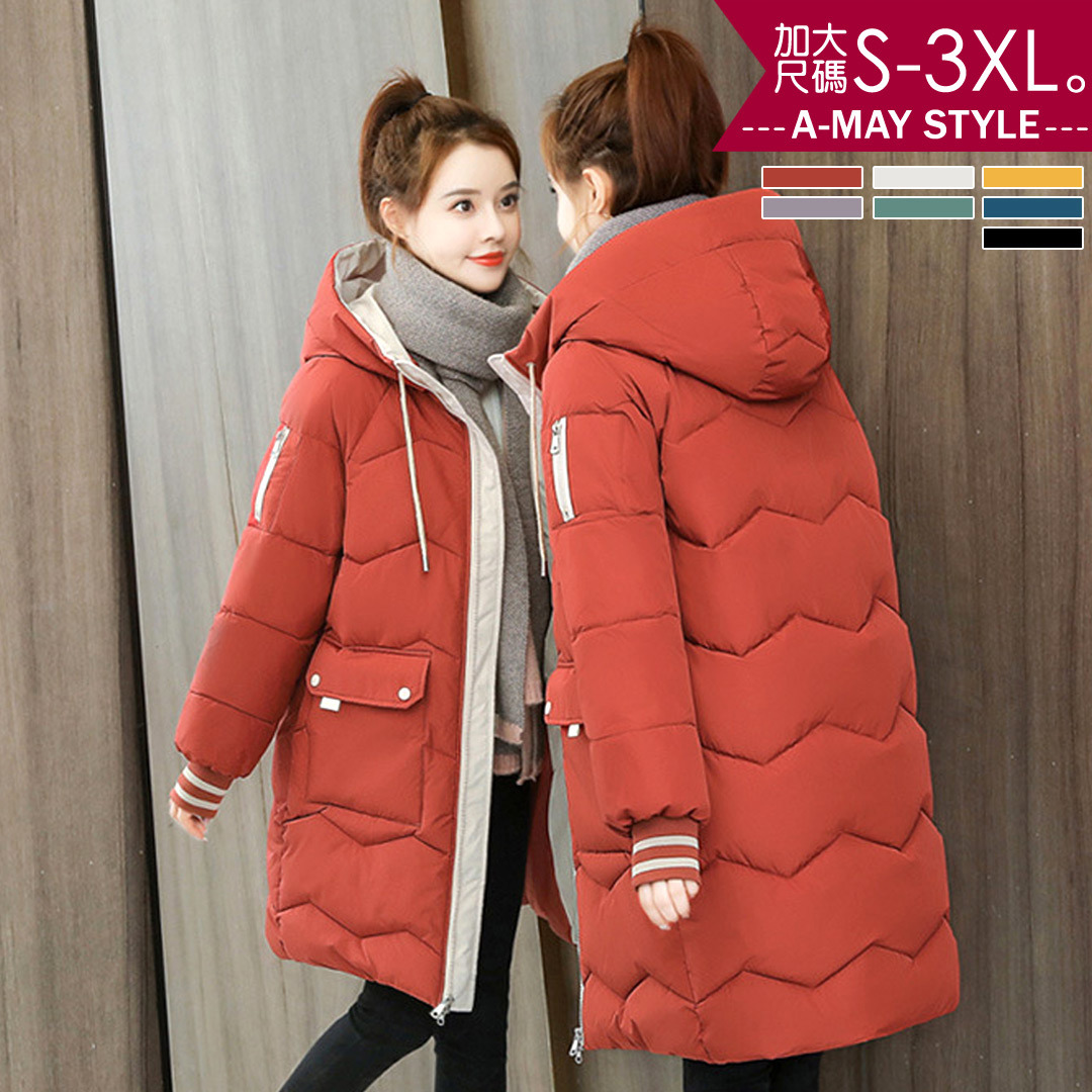 加大碼羽絨大衣-亮眼拼色中長版連帽保暖外套(S-4XL)【XMS200856】＊艾美時尚(現 預)