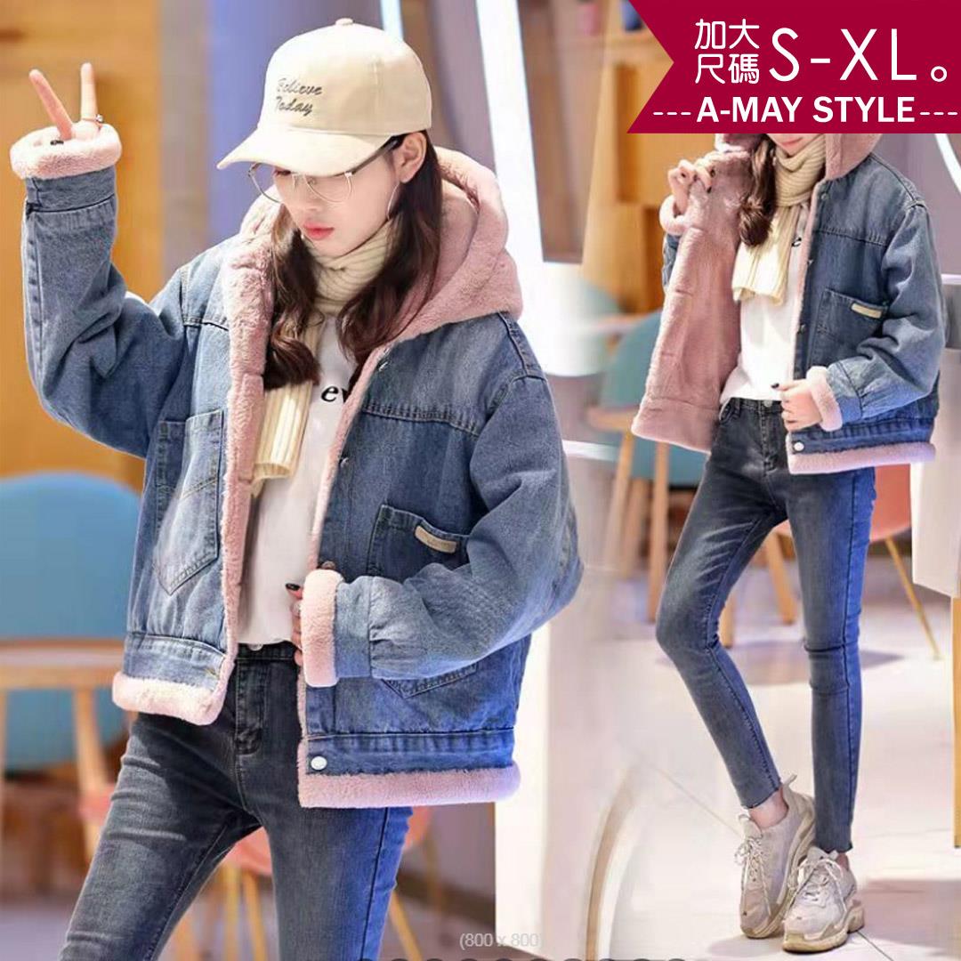 現貨。加大碼夾克-連帽鋪棉拼色加厚牛仔外套(S-XL)【XT686888】＊艾美時尚