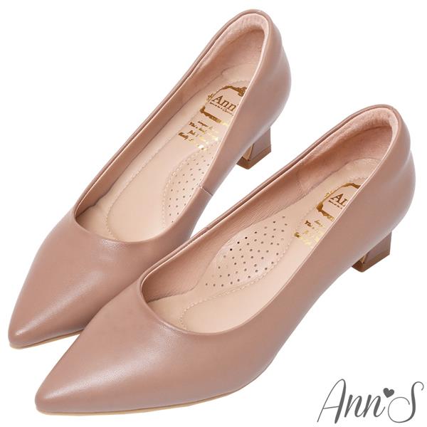 Ann’S平衡負擔-頂級綿羊皮性感尖頭粗跟包鞋4.5cm-棕