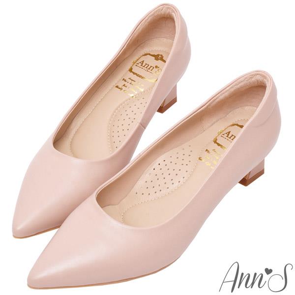 Ann’S平衡負擔-頂級綿羊皮性感尖頭粗跟包鞋4.5cm-杏