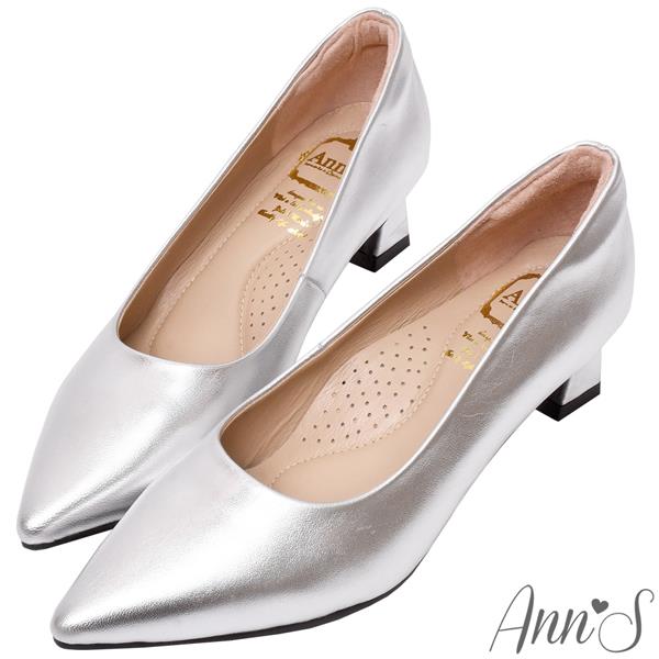 Ann’S平衡負擔-頂級綿羊皮性感尖頭粗跟包鞋4.5cm-銀