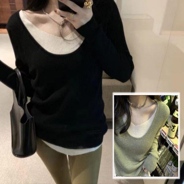 韓版時尚復古假兩件設計V領長袖圓領針織衫 無印風拼接簡約長袖針織上衣(3色)-凱西娃娃