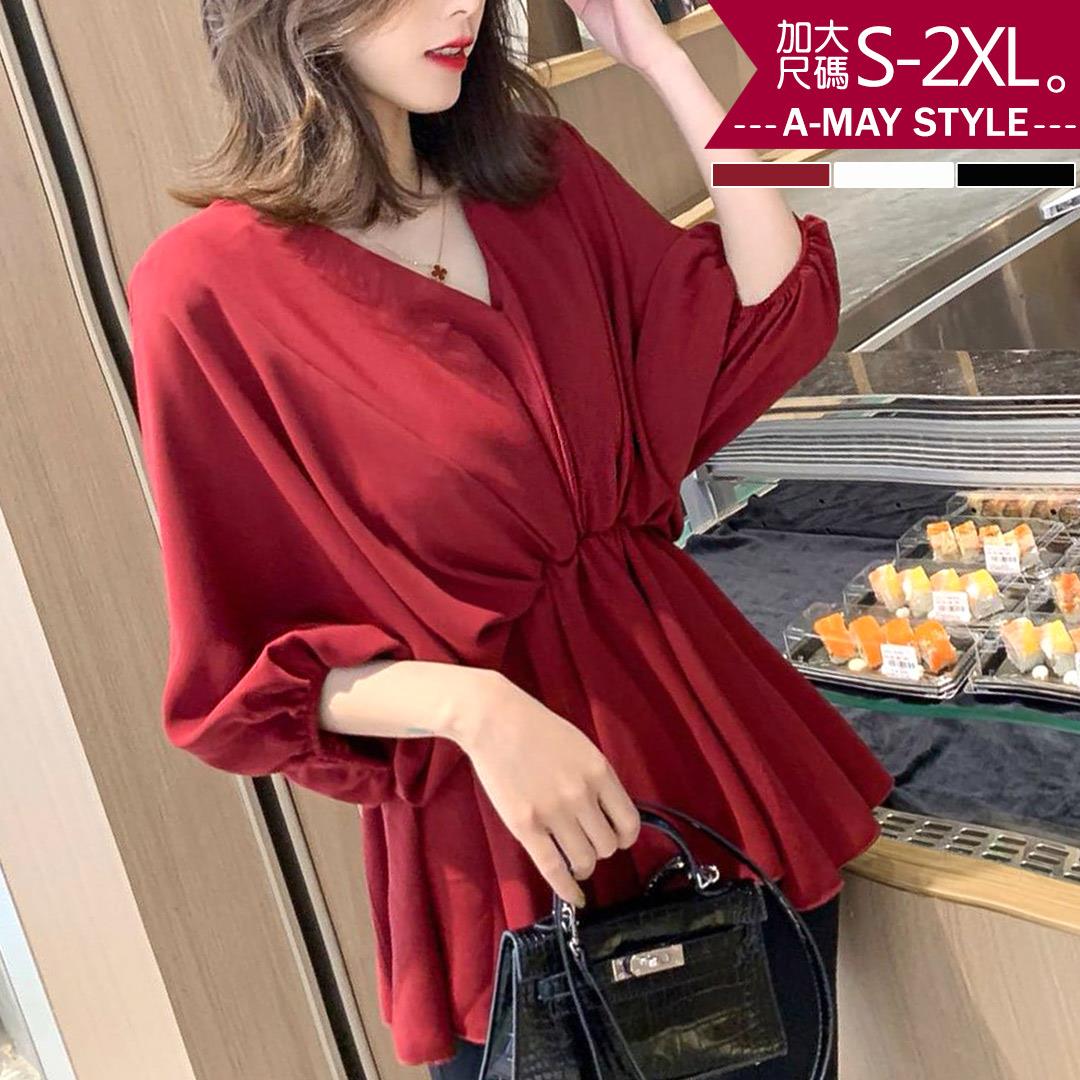 加大碼上衣-小心機收腰V領顯瘦雪紡衫(S-2XL)【XAN2019V20】＊艾美時尚(現 預)