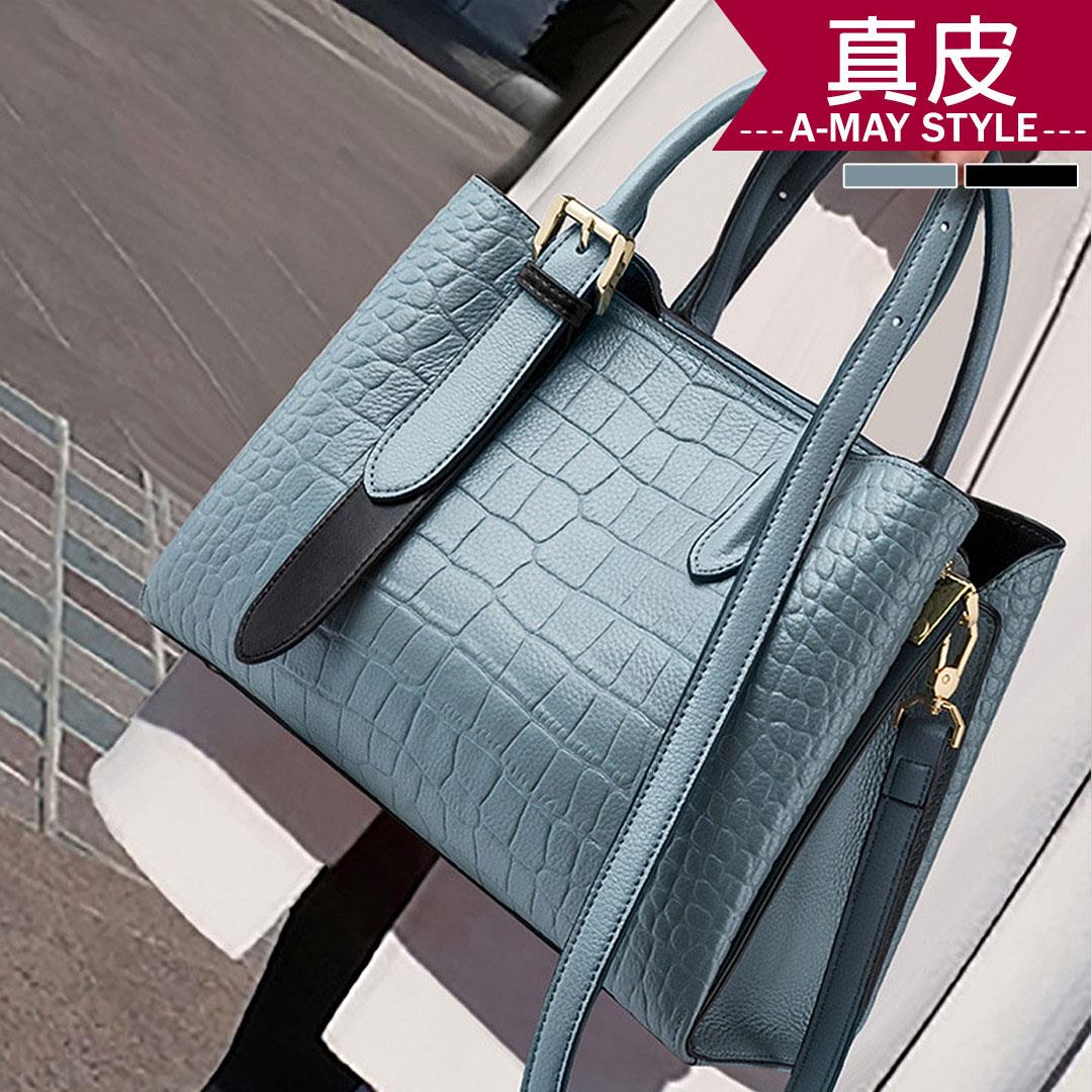 真皮包-鱷魚紋牛皮通勤拼色扣帶肩背包【XBO7949123】＊艾美時尚(現 預)