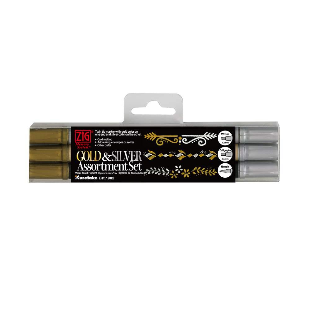 【Kuretake 日本吳竹】雙頭麥克筆 金銀 三入組 (MS-3VGS)