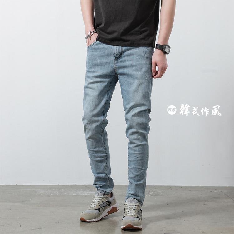 牛仔褲 男生褲子 長褲 韓國製簡約刷白彈性淺藍休閒牛仔長褲
