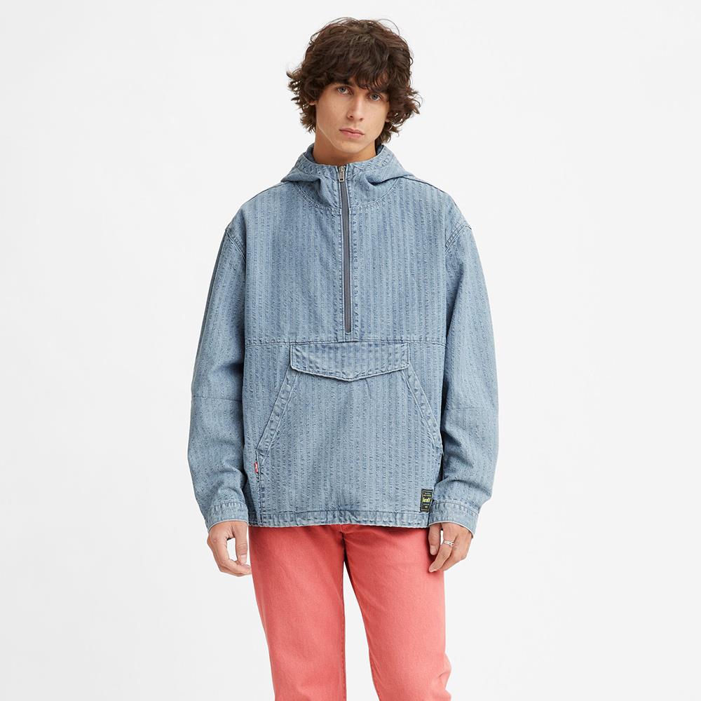 Levis 男款 半開襟牛仔連帽罩衫 / 泡泡紗丹寧涼爽透氣 / 彈力收縮下擺 熱賣單品